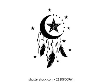 Moon and stars Icon Vector illustration. Boho Witch and Magic symbol. mystic art sign, emblem isolated on white background, Flat style for graphic and web design, logo, Dream Catcher, sticker, tattoo
