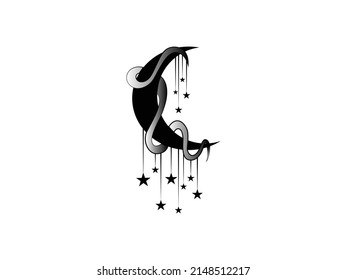 Moon and stars Icon Vector illustration. Boho Witch and Magic symbol. mystic art sign, emblem isolated on white background, Flat style for graphic and web design, logo, sticker, tattoo