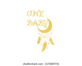 Moon and Stars Icon Vector illustration. Cute Baby Dream Catcher. Mystic Art sign, emblem isolated on White Background, Flat style for Graphic and Web Design, Logo, Sticker, Tattoo