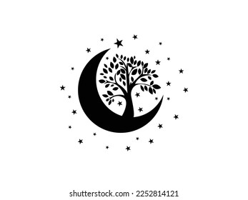 Moon and Stars Icon Vector illustration. Boho Witch and Magic symbol. Mystic Art Sign, emblem isolated on White Background, Moon Tree Silhouette Flat Style for Graphic, Logo, Sticker, Tattoo