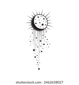 Moon and stars Icon Vector illustration. Boho Witch and Magic symbol. mystic art sign, emblem isolated on white background, Flat style for graphic and web design,sticker, tattoo