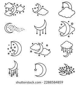 Symbol für Mond und Sterne, Vektorset. Sammlung von Nachtillustrationszeichen. Traumsymbol. Schlafen Sie das Logo.