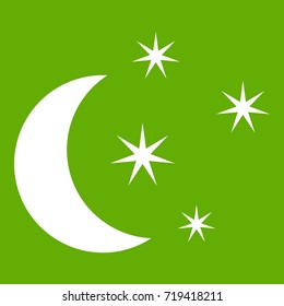 Moon and stars icon white isolated on green background. Vector illustration