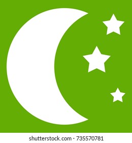 Moon and stars icon white isolated on green background. Vector illustration