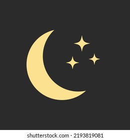 Moon and stars icon yellow isolated on black. Flat vector illustration. Half moon with stars