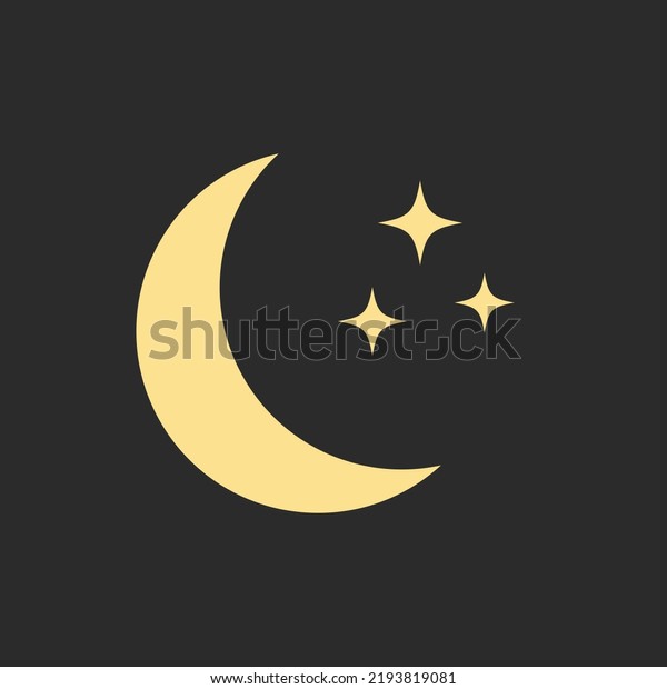 Moon and stars icon yellow isolated\
on black. Flat vector illustration. Half moon with\
stars
