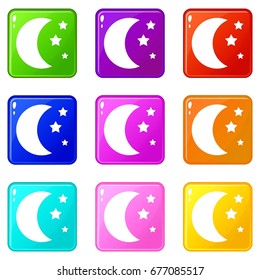 Moon and stars icons of 9 color set isolated vector illustration