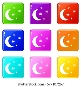 Moon and stars icons of 9 color set isolated vector illustration