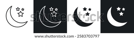 Moon stars icons collection in black and white filled and line versions