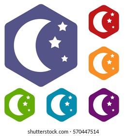 Moon and stars icons set rhombus in different colors isolated on white background
