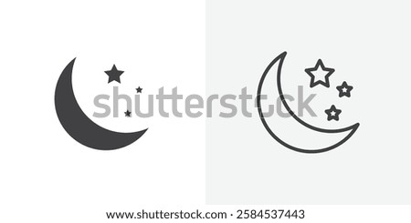 Moon stars icons vectors illustrations in black fill and liner versions