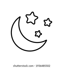 Moon and stars isolated on white background. Black linear crescent and stars icon. Thin line customizable illustration. Vector outline symbol.