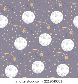 moon and stars kids seamless pattern on the gray background