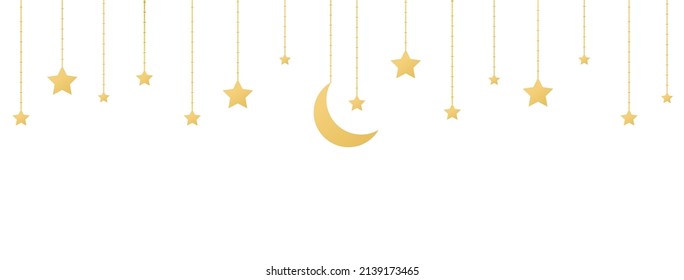 Moon and stars line art icons. Astrology hanging design elements. Art night outline baubles. Home decoration. Children package decor. Ramadan greeting garland. Muslim festival. Vector illustration.