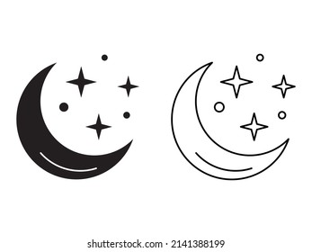 Moon with stars line icon on white background. Night icon. Crescent moon icon. Minimalist style.
