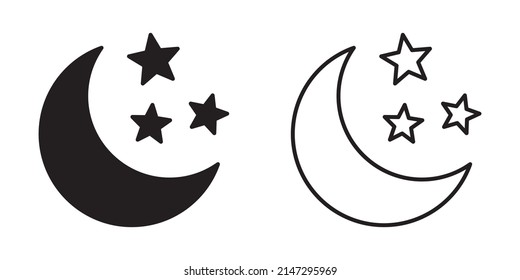 Moon with stars line icon on white background. Night icon. Crescent moon icon. Minimalist style.