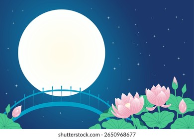 Moon, stars, lotus flowers, bridge, moonlit night sky background. Hand drawn vector illustration. Qixi, Mid Autumn Festival backdrop. Traditional Chinese, Japanese, Korean design elements