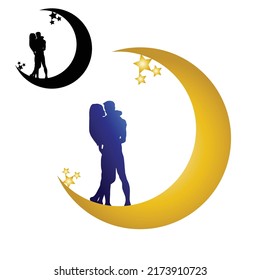Moon and stars, lovers couple silhouettes embracing on top of the new moon. Love to the moon and back isolated on white background.