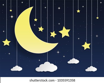 moon and stars in midnight .paper art and digital craft style.