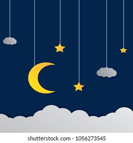 moon and stars in midnight .paper art style