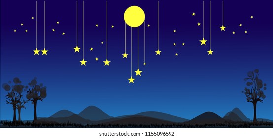 moon and stars in midnight .paper art style.Yellow moon and stars isolated on white background. Vector icon.