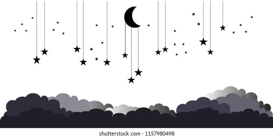 The  moon and stars in midnight .paper art style.Present Card in Night theme Moon Stars with copy space. Insomnia concept ,Vector illustration. EPS 10.