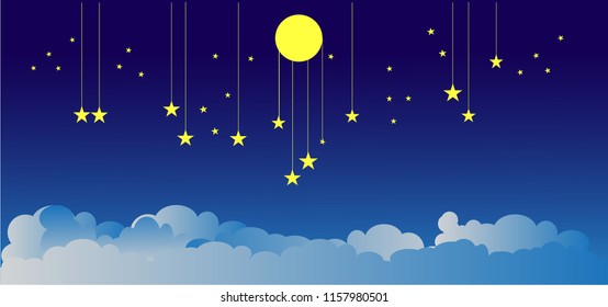 The  moon and stars in midnight .paper art style.Present Card in Night theme Moon Stars with copy space. Insomnia concept ,Vector illustration. EPS 10.