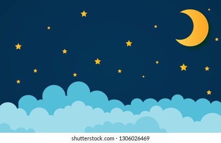 moon and stars in midnight .paper art style - Vector

