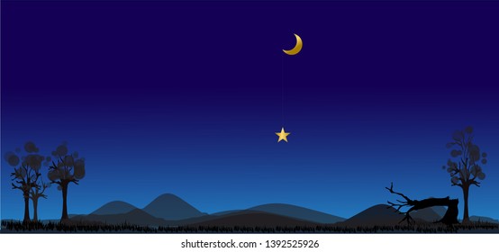 The moon and stars in midnight .paper art style.Present Card in Night theme Moon Stars with copy space. Insomnia concept ,Vector illustration. EPS 10.