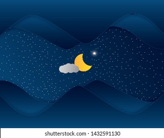 moon and stars in midnight .paper art style