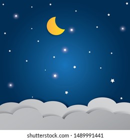moon and stars in midnight .paper art style