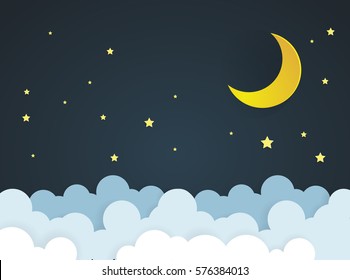 Crescent Moon Stars Clouds On Midnight Stock Vector (Royalty Free ...