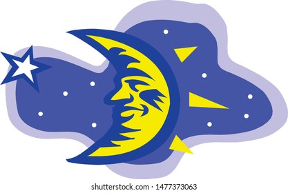 moon and stars in midnight . Vector art style