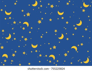 Moon and stars in midnight. Vector background