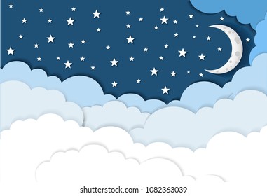 moon and stars in midnight .vector illustration