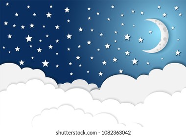 moon and stars in midnight .vector illustration