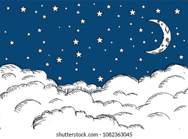 moon and stars in midnight .vector illustration