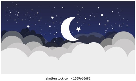 moon and stars in midnight,Crescent, stars and clouds on the midnight sky background. Night sky landscape background. Paper art style. Vector illustration.