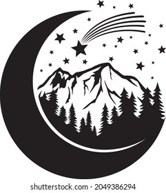 Moon, stars, mountain and forest  (night landscape). Vector crescent.