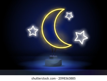 Moon and stars neon light icon. Night glowing sign. Bedtime. Vector isolated illustration. Concept of Happy Ramadan Kareem and Eid Mubarak.