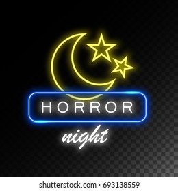 Moon and stars neon sign. Horror night. Halloween bright signboard, light banner. Logo, label, emblem. Vector illustration.