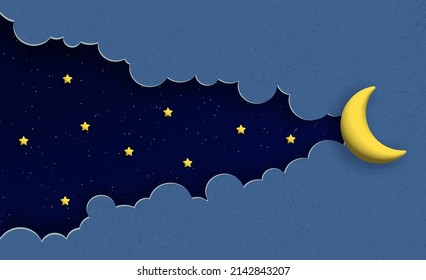 Moon and stars in the night cloudy sky. Vector illustration in paper cut and 3d cartoon style.