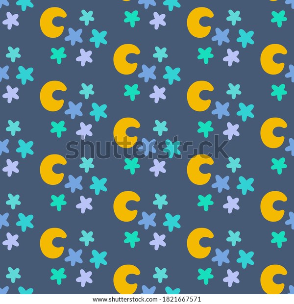 Moon and stars night
landscape hand drawn vector seamless pattern in cartoon doodle
style blue yellow
