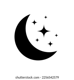 Moon with stars in night sky. Black moon and star light isolated on white background. Simple celestial shapes. Silhouette graphic elements. Icon sleep. Half moon with star. Vector illustration