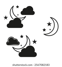 Moon and stars. Night sky icon. Cloud silhouette vector. Celestial atmosphere symbol.