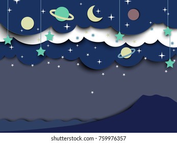 Moon and stars in night sky landscape, paper art/paper cutting style