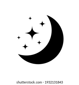 Moon with stars in night sky. Moon and star light isolated on white background. Crescent. Simple celestial shapes. Silhouette graphic elements. Icon sleep. Half moon with star. Black outline. Vector