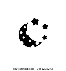 Moon with stars in night sky. Moon and star light isolated on white background. Crescent. Simple celestial shapes. Silhouette graphic elements. Icon sleep. Half moon with star. Black outline. Vector
