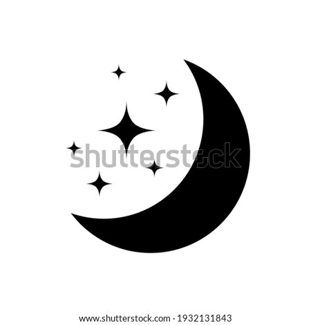 Moon with stars in night sky. Moon and star light isolated on white background. Crescent. Simple celestial shapes. Silhouette graphic elements. Icon sleep. Half moon with star. Black outline. Vector