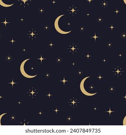 Moon and stars. Night sky vector seamless pattern